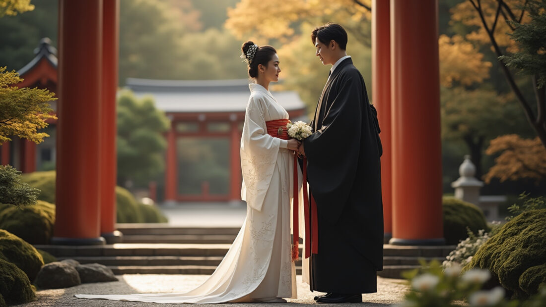 découvrez l'élégance des kimonos de mariage japonais, du blanc immaculé du shiromuku au somptueux uchikake, et plongez dans les rituels ancestraux qui célèbrent l'union et la tradition.