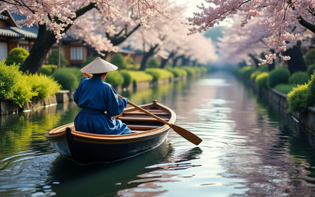 dĂ©couvrez une croisiĂšre paisible en barque traditionnelle Ă travers les charmants canaux pittoresques de yanagawa, pour une expĂ©rience authentique et relaxante au cĆur de la nature japonaise.