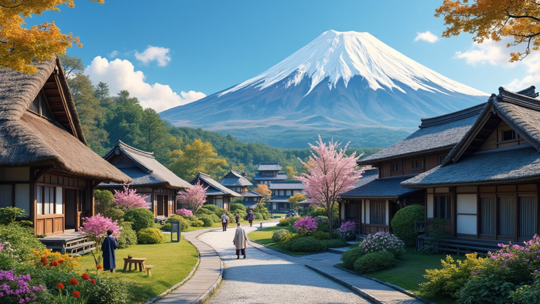 explorez iyashi-no-sato, un village traditionnel japonais au pied du mont fuji à kawaguchi-ko, offrant un aperçu authentique de la culture locale et des paysages pittoresques.