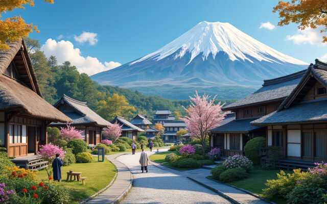 explorez iyashi-no-sato, un village traditionnel japonais au pied du mont fuji à kawaguchi-ko, offrant un aperçu authentique de la culture locale et des paysages pittoresques.