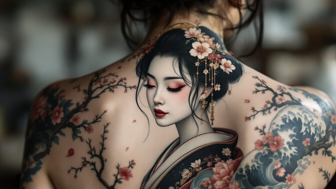dĂ©couvrez la geisha en tatouage japonais : un motif raffinĂ© qui Ă©voque lâĂ©lĂ©gance, le mystĂšre et la richesse des traditions nippones.
