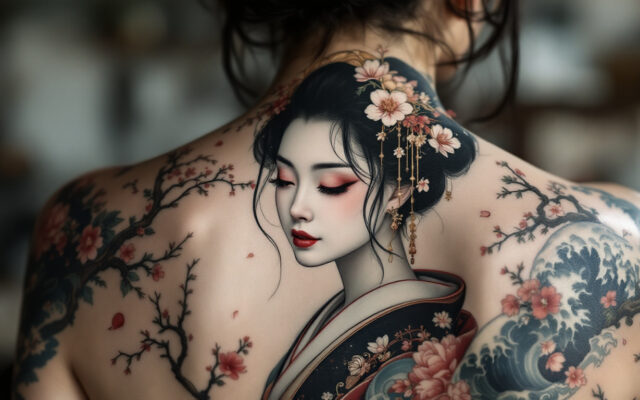 dĂ©couvrez la geisha en tatouage japonais : un motif raffinĂ© qui Ă©voque lâĂ©lĂ©gance, le mystĂšre et la richesse des traditions nippones.